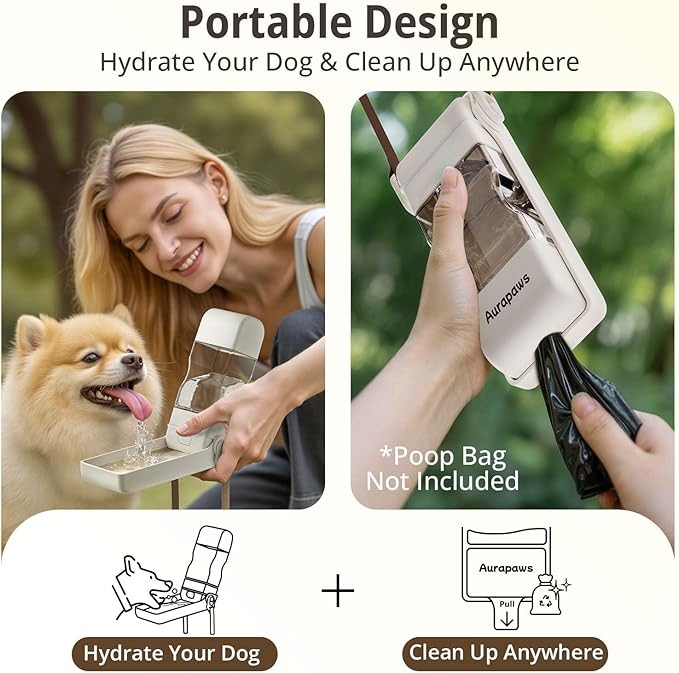 Dog Water Bottle, Portable Water Dispenser, Foldable Dog Bowls, Leak-Proof Pet Water Bottle with Poop Bag Dispenser, Puppy Essentials for Dogs On The Go Walking Hiking Travel, 13.5oz
