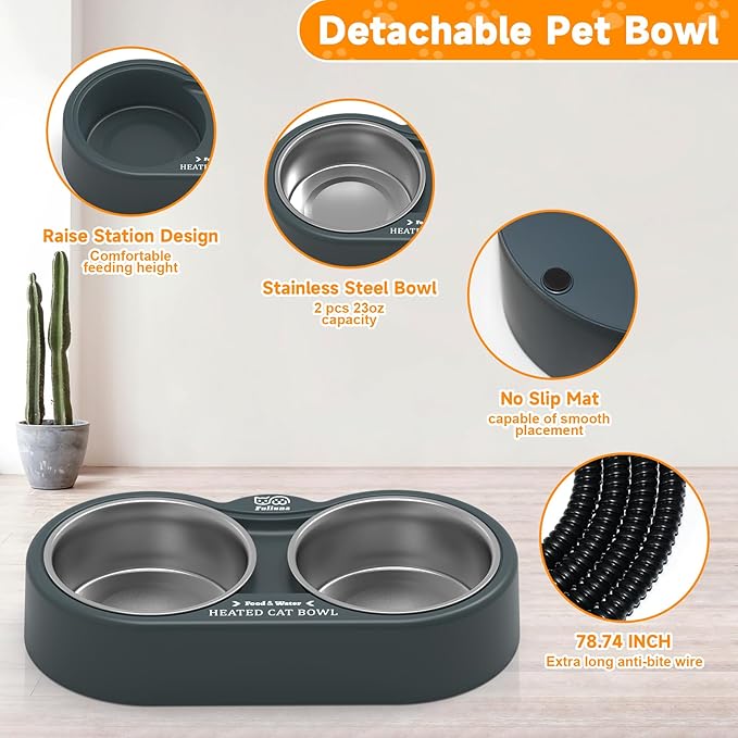Heated Cat Bowl in Winter, Outdoor Heated Pet Bowl with Double Stainless Steel Bowl 23 OZ, Heated Water Food Bowl for Cat Pet, Thermal Pet Bowl Provide Drinkable Water and Hot Food.