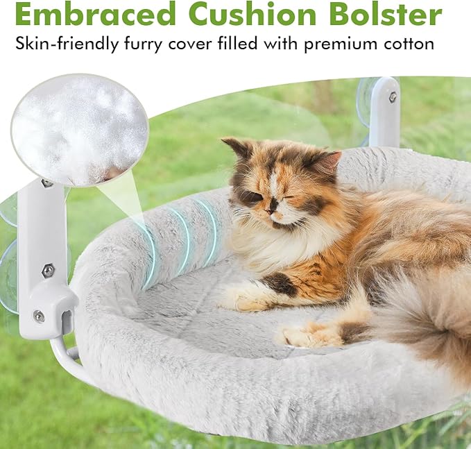 2PC Cat Window Perch with Bolster Foldable Cat Hammock Cushion Bed for Window with Metal Frame, Large Suction Cups Cordless Window Resting Seat for Indoor Cats (Cushion Bed, 2PC)