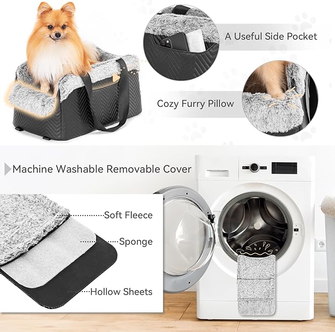 PETSFIT Center Console Dog Car Seat, Portable Pet Car Seat with Safe Protective Hooks, Luxury Dog Car Seats for Small Dogs Includes Safety Leash and Storage Pocket for Pets Up to 9 lbs (Black)