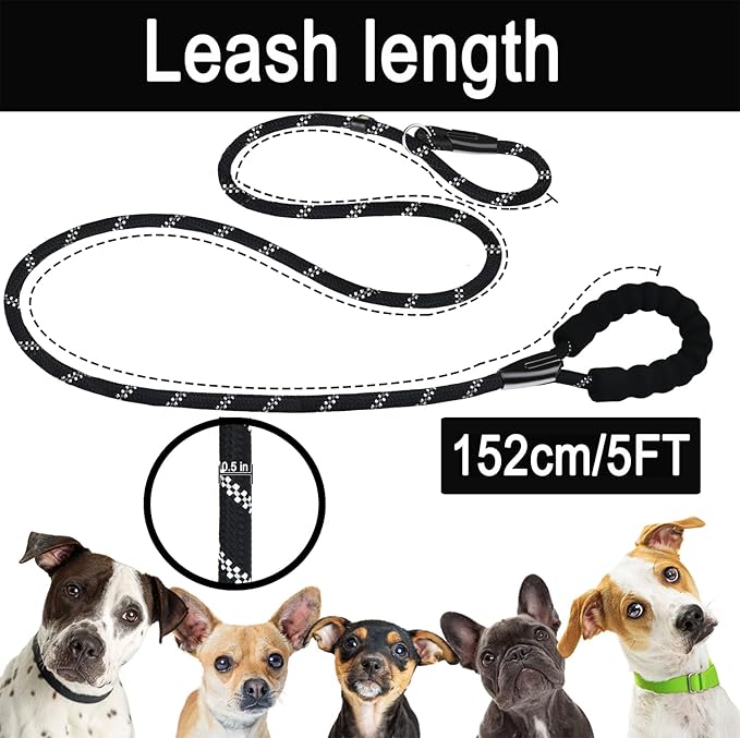 Dog Leash, 5 FT Heavy Duty Dog Leashes, Durable Premium Quality Strong Training Rope Slip Leash with Comfortable Padded Handle and Highly Reflective Threads for Small Medium and Large Dogs