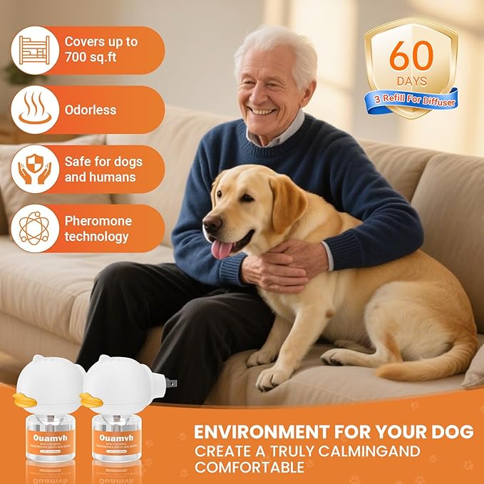 Dog Calming Diffuser, 4 in 1 Puppy Pheromones Calming DiffuserRelaxing Solution for Stress and Anxiety in Dogs, Reducing Scratching and Barking Behaviors, Help Train Dog to Pee