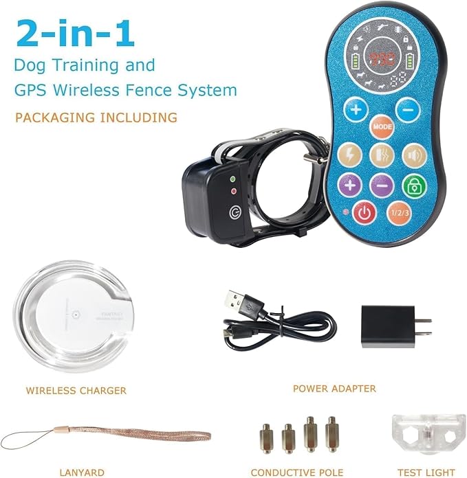 DOTSTAR Dog Wireless Fence Pet Training Collar GPS 2 in 1 System, Adjustable Range Dog Wireless Fence 50-990 Feet, GPS Wireless Charging Dog Fence, Fully Sealed Waterproof Collar Receiver