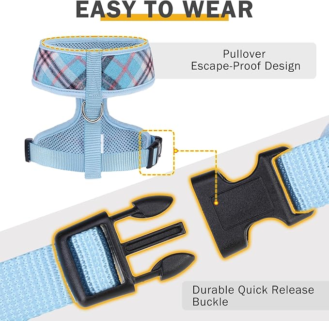 SCENEREAL Puppy Dog Harness with Leash Set for Small Medium Sized Dogs, Soft Mesh Step in Pet Harnesses and Leash, No Chock Plaid Adjustable No Pull Vest for Dogs Cats, Chihuahua,Bulldog (Blue M)
