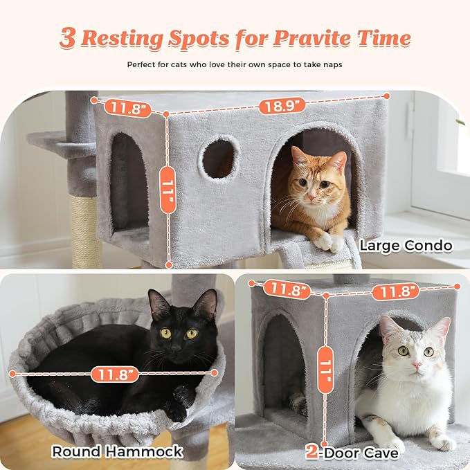 64-Inch Large Cat Tree for Indoor Cats, Multi-Level Tall Cat Tower with 2 Soft Top Perches, 2 Caves, 5 Sisal Scratching Posts, 2-in-1 Scratching Ramp, 1 Hammock & 3 Pompoms, Grey
