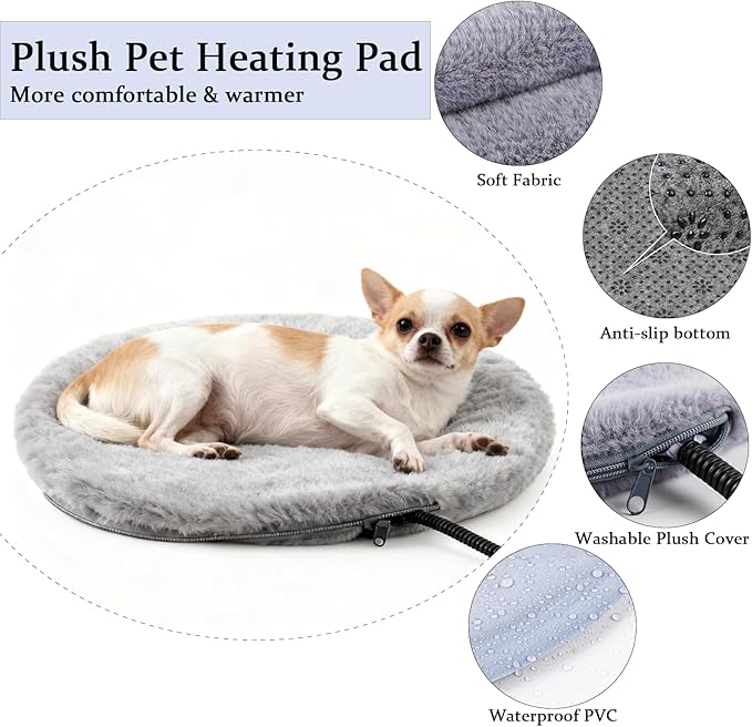 Heating Pad for Cats, Waterproof Electric Heated Cat Bed Indoor with Chew Resistant Cord, Soft Washable Cover, Two Level Adjustable Temperature Pet Bed Warmer- 20x20in (Grey Round)