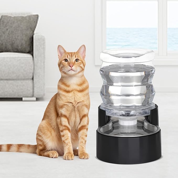 RIZZARI Automatic Gravity Pet Waterer Dispenser : 4L Black Stainless Steel Bowl Without Filter - Large Capacity Feeder for Dogs & Cats - Ideal for Kitchen - Living Room - or Hallway Use
