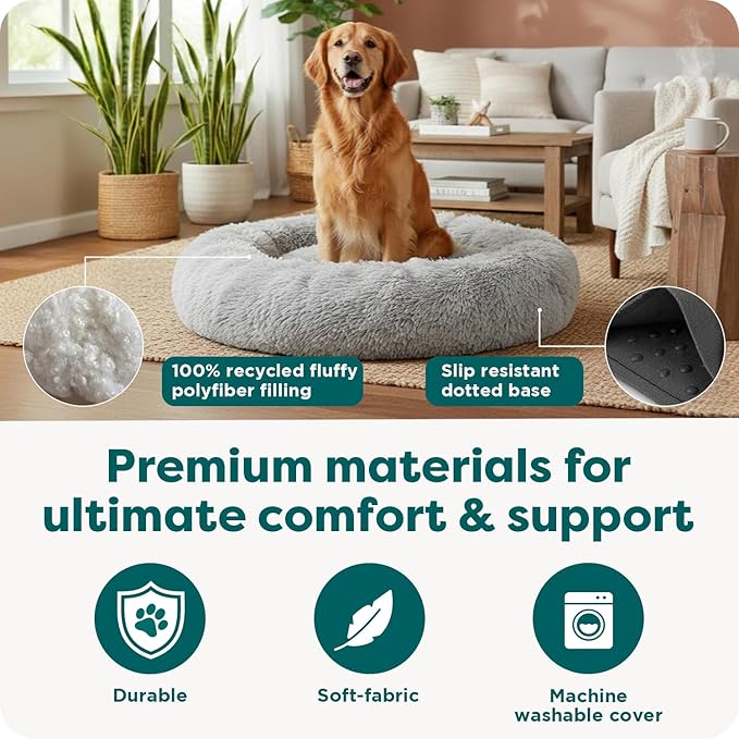 FurHaven 23" Calming Donut Dog Bed for Small Dogs & Cats, Round Plush Donut Design with Soft Filling for Snuggling Comfort, Removable Washable Cover, Small, Shaggy Faux Fur, Mist Gray