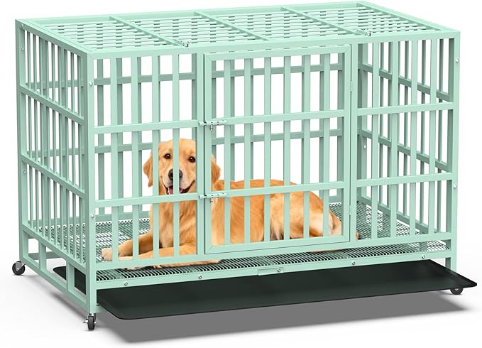 Heavy Duty Dog Crate 48 Inch, Indestructible Dog Crate with Removable Tray, Escape Proof & High Anxiety Dog Kennel Indoor, Metal Dog Cage with Wheels for Large Dogs, XL XXL XXXL