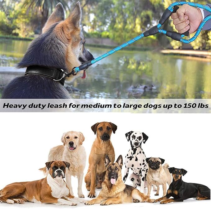 JSXD Heavy Duty Double Handle Dog Leash - 5 FT, Padded & Reflective, Rope for Small to Large Dogs (Blue)