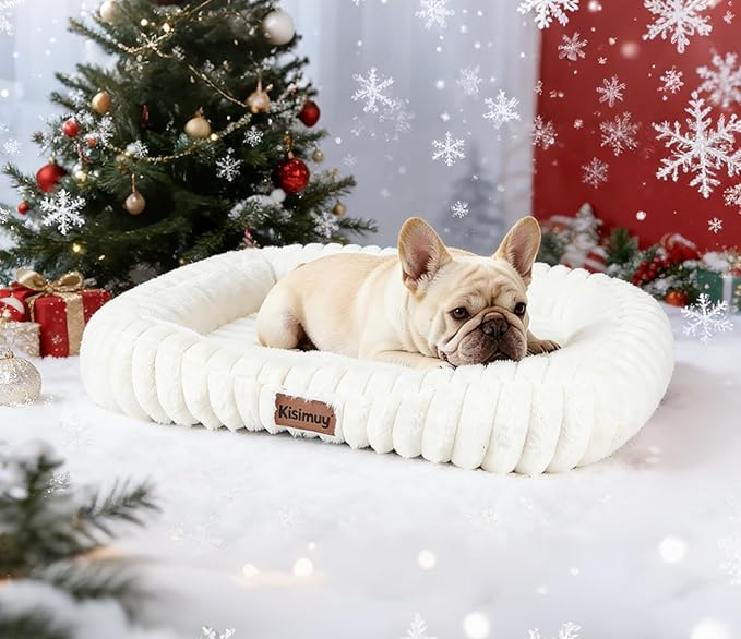 Cute Washable Dog Bed for Small Medium Dogs, Orthopedic Plush Rectangle Anti-Anxiety Dog Bed, Medium Calming Bolster Puppy Bed with Durable Removable Zipper Cover&Anti-Silp Bottom, 30in, Cream