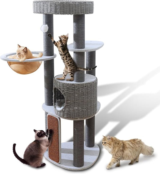 Cat Tree with Cat Scratching Post for Multiple Cats, Natural Wood Cat Tower with Handwoven Sisal Posts, Extra Thick Sturdy Base, Multi-Level Perches and Plush Condos for Indoor Cats (Grey, 50+in)