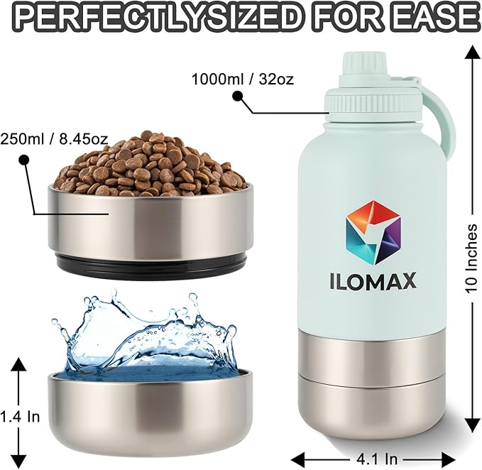 ILOMAX 3-in-1 Stainless Steel Dog Travel Water Bottle with Food & Water Bowls, Leak-Proof & Insulated, Extra Magnetic Lid, Keeps Drinks Cold 12H/Hot 6H, Portable Outdoor Hydration, 32oz (Bluish White)