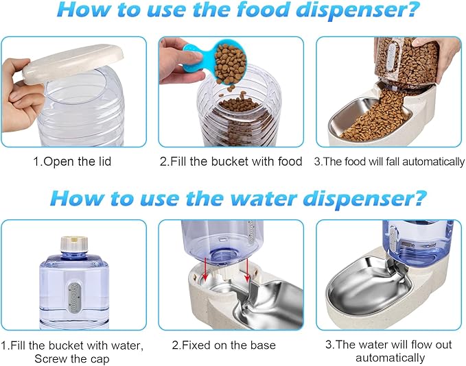 Automatic Cat Feeder and Water Dispenser with Stainless Steel Bowl Gravity Food Feeder and Waterer Set for Small Medium Dog Puppy Kitten 1 Gallon x 2(Beige)