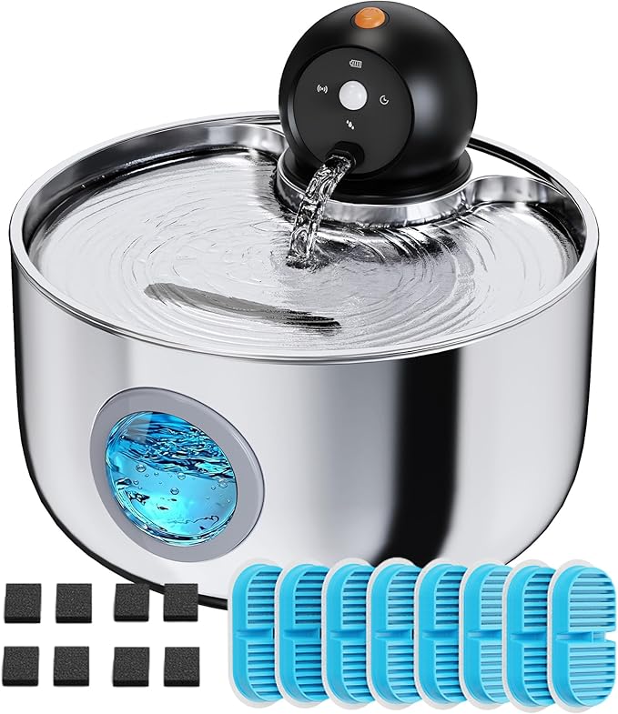 Cordless Cat Water Fountain Wireless: Battery Powered Pet Water Fountains for Cats Indoor - 2.6L Rechargeable Kitty Water Dispenser Automatic Waterer with Water Level Window - 8 Filters & 8 Sponges