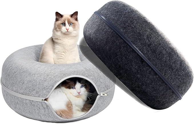 Tunnel Bed for Indoor,cattasaurus Peekaboo cat cave for Multiple,Detachable Felt Felt Washable Interior for Indoor Cats,Donut Tunnel -24inch(Light Gray) (Light Gray + Dark Gray)