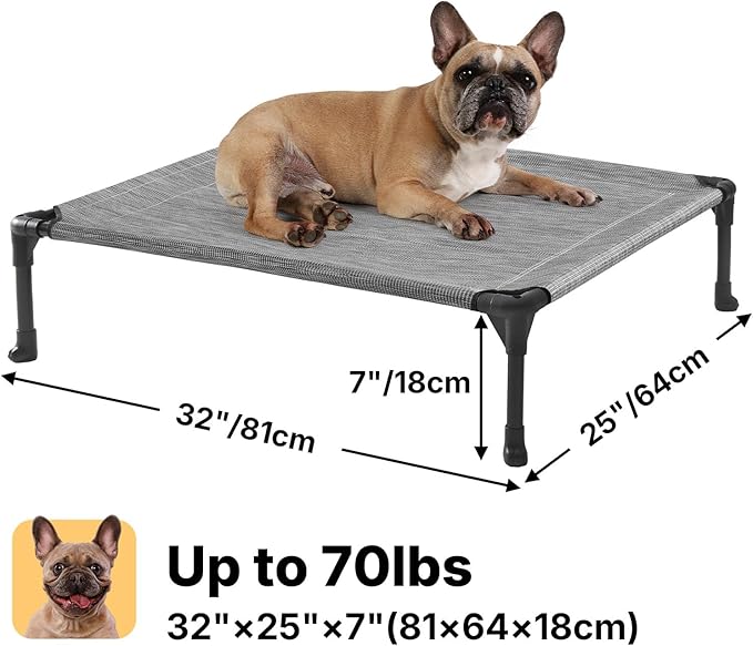 Veehoo Outdoor Elevated Dog Bed for Medium Dogs, Cooling Raised Dog Cots Beds Training Platform Off Ground Hammock with Breathable Mesh, No-Slip Feet, 32"x25", Black Silver