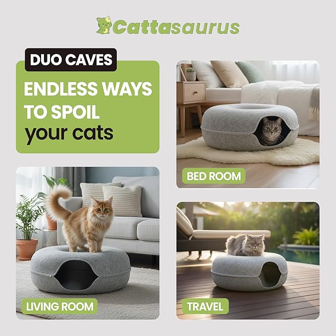 Cattasaurus Peekaboo Cat Cave Duo Jumbo Set, Extra Spacious Cat Donut for Multiple & Large Kitty 15+ lbs, Scratch Detachable Cat Beds for Indoor Cats, Washable Cat Tunnel Bed, Best Kitten Toys