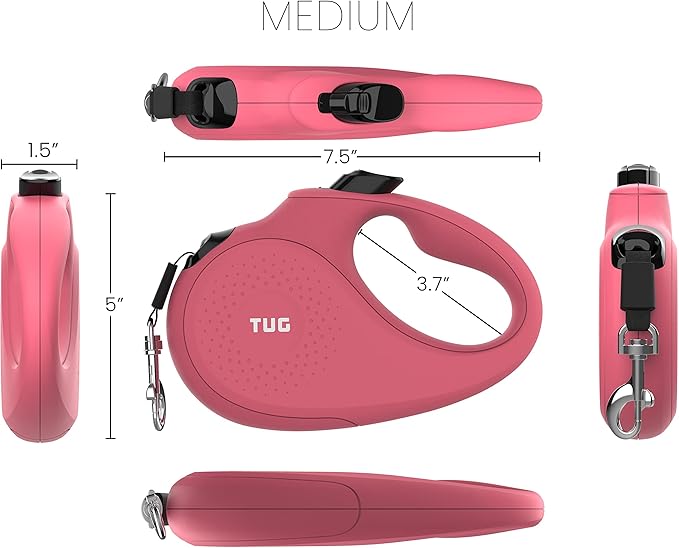 TUG Monochrome 360° Tangle-Free Retractable Dog Leash | 16 ft Strong Nylon Tape (Medium, Pink)
