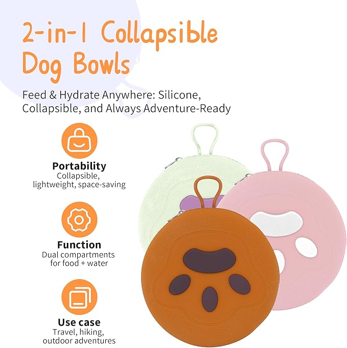 Collapsible Dog Bowls, 2-in-1 Pet Portable Travel Double Bowl Water Food Feeder Traveling Camping & Walking 25oz Pink
