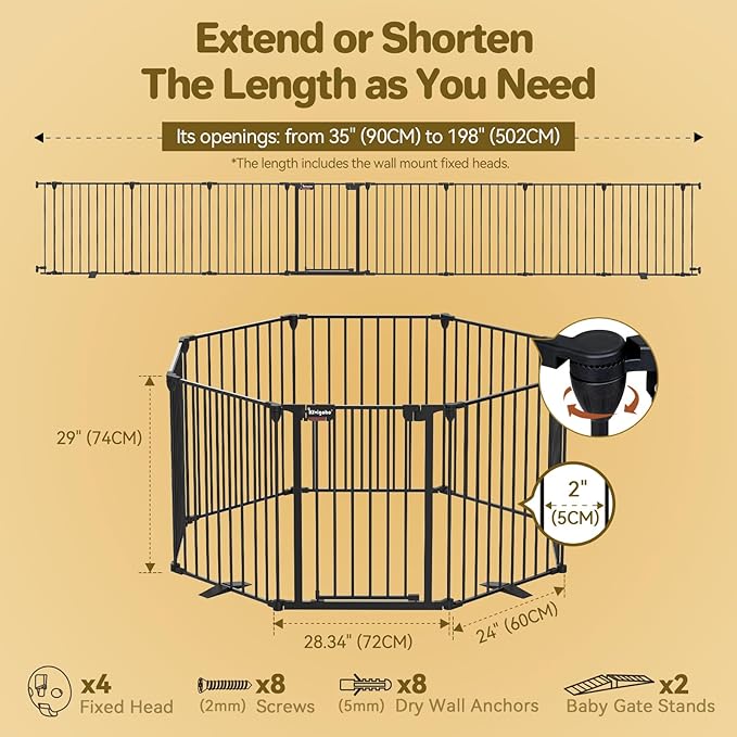 Dog Gate 27.5"-199" Extra-Wide Playpen, Freestanding Pet Gate, Puppy Fence with Auto-Close Door, Double Locking System for Fireplace, Foldable (Black, 8 Panels)