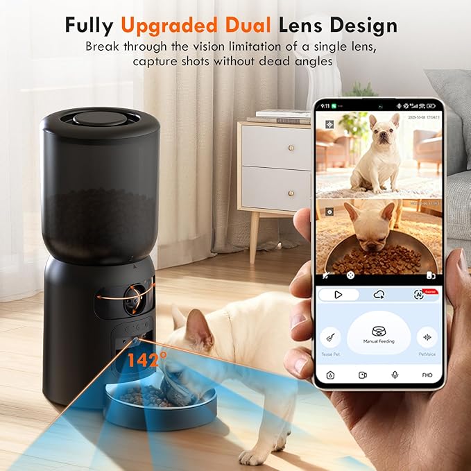 Automatic Cat Feeder with Dual Camera, 5G WiFi App Control: 5L Automatic Dog Food Storage Container with 2K HD Video and Laser Pet Toy, Dual Power Timed Smart Pet Food Dispenser for Cats&Dogs
