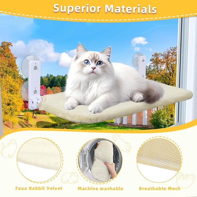 Cat Window Perch, Foldable Cat Window Hammock Sunbathing and Climbing Cats Hammock for Window Bed Bearing 40 Pounds Window Perch for Cats Inside 2-in-1 Reversible Cover (Beige)