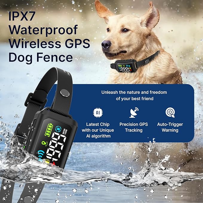 My Pet Command Wireless GPS Dog Fence No Wires & No Base Transmitter Outdoor Radius Coverage 33-1999 Yards IPX7 Waterproof Collar w/Tone, Vibrate & Safe Static Modes Fits Dogs 8″-28″ Neck (S to XL)