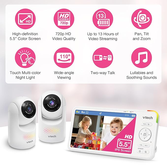VTech 2-Cameras Advanced HD Video Baby Monitor with Camera & Audio, 5.5" High-Definition IPS Screen, Pan-Tilt-Zoom, Night Light, 2-Way Talk, Lullabies, Soothing Sounds, No WiFi: Advanced HD Plus Twin