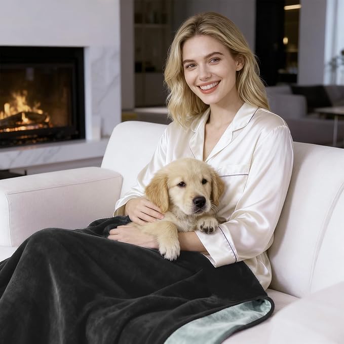 QiyI Waterproof Blanket for Bed King Size, Washable Reversible Bed Cover, Large Leakproof Stain-Resistant Furniture Protector for Travel & Camping, 80"x90", Black/Light Grey