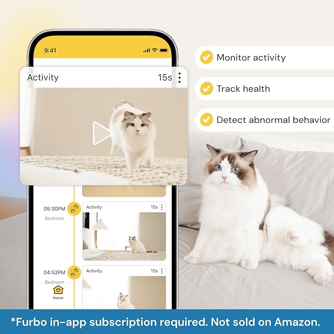 Furbo 360° Cat Camera - Unlock Camera & Smart Features w/Paid Plan: Home Security & Pet Safety Alerts, Rotating Treat Dispenser w/Speaker, Smart Cam w/Phone App (Subscription Required, 3mo Minimum)