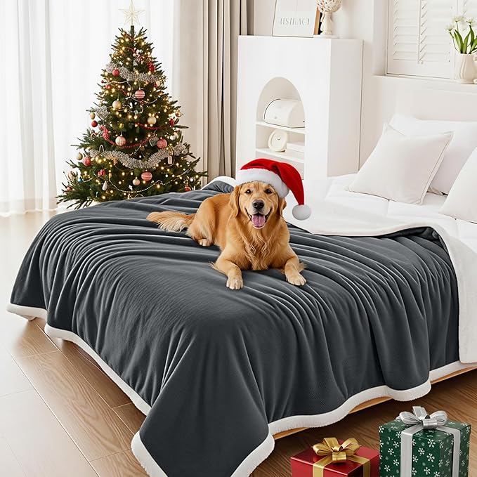 Smiry Waterproof Blanket Throw for Large Dogs, Soft Reversible Dog Blanket for Sofa Couch Bed, Washable Leakproof Sherpa Fleece Furniture Couch Protector(60"x80", Dark Grey/White)