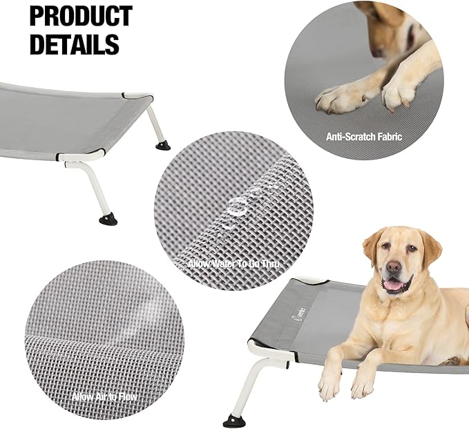 Veehoo Elevated Dog Bed for Outdoor, Cooling Waterproof Raised Dog Cots Beds XL, Curved Off Ground Pet Hammock Cot Lifted for Outside, up to 150lbs, White Legs, Grey 49"
