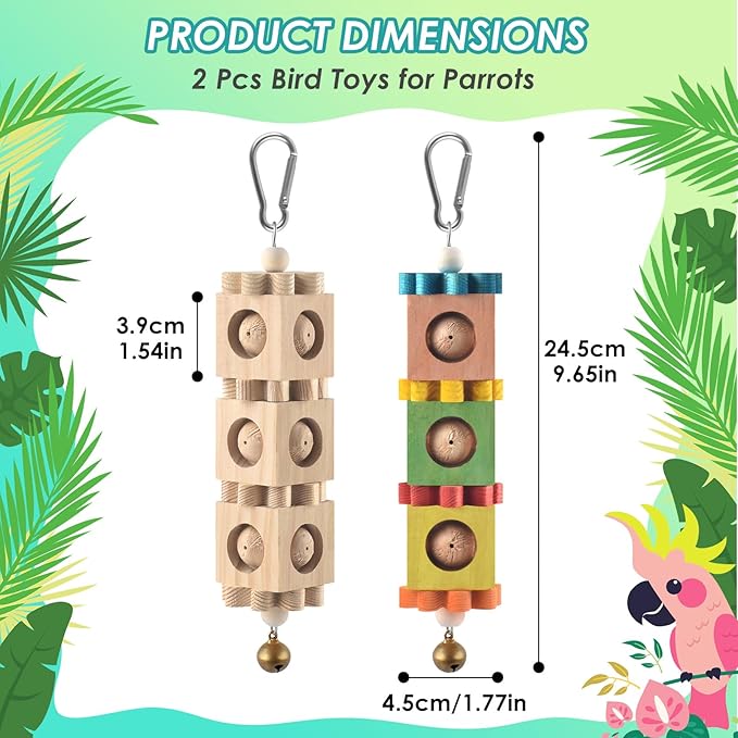 2Pcs Bird Chew Toys for Beak Grinding, Hanging Rotating Wood Block with Bell Parrot Foraging Enrichment Toy for Small to Medium Cocktiel, Conure, Caique