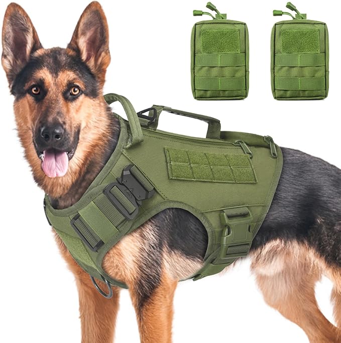 Tactical Dog Backpack Harness for Large Breed Original Design Metal Buckle Vest with Side Bags Pouches for Service Working Training (Green (with 2 Pouches), M)