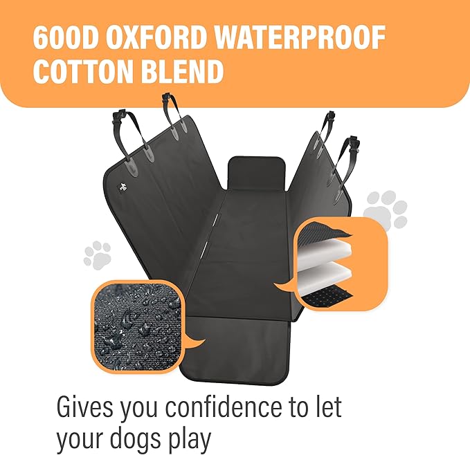 Active Pets XL Waterproof Hammock Large Car Seat Cover, Fits SUVs Trucks Big Sedans, Secure Convertible Travel Bed Protects Backseat Cargo from Dog Puppy Pet Water Food Drool Urine, Black