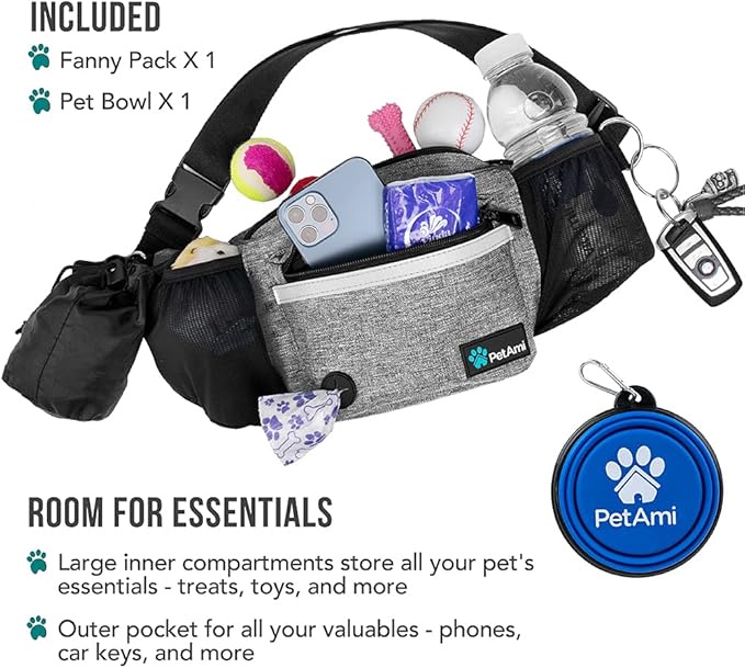 PetAmi Dog Fanny Pack, Treat Pouch for Dog Walking, Training, Built in Poop Bag Dispenser, Water Bottle Holder, Collapsible Bowl, Pet Treat Waist Belt for Hiking, Running, Kibbles (Grey)
