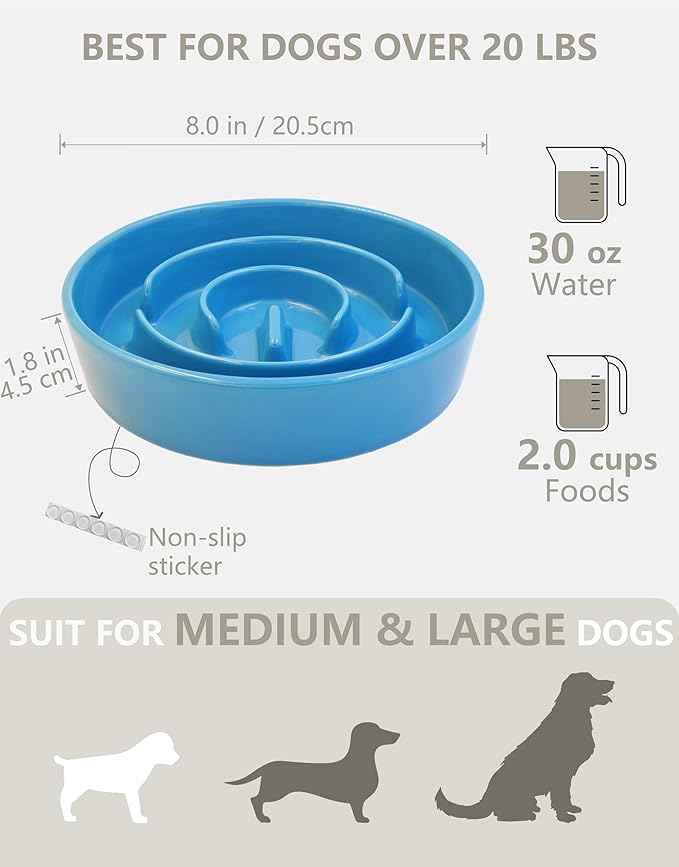 Ceramic Slow Feeder Dog Bowls Elevated, 2.0 Cups Slow Feeder for Medium and Large Dogs, Puzzle Maze Bowl to Slow Down Eating, 30oz, 8in, Blue