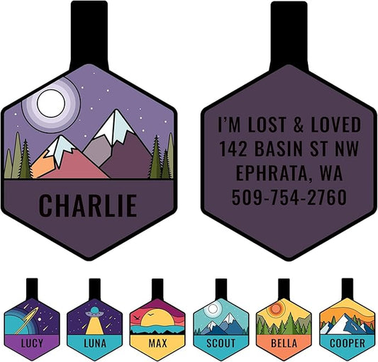 GoTags Silent Dog Tag, Personalized Engraved Hexagon Silicone Dog and Cat Name Pet ID Tags, Soundless No More Jingling Dog Tags (Mountain Purple)