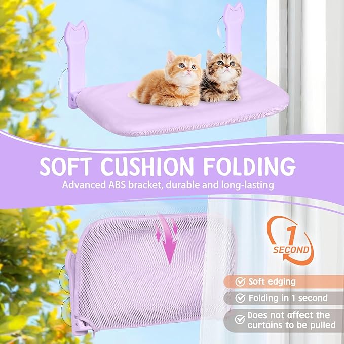 2 Pack Cat Window Perch,Cat Window Hammock Cordless Foldable Window Bed with 4 Large Strong Suction Cup,Reversible Cushion Cover,Metal Frame Easy to Adjust Window Seat Holds up to 40lbs(Purple，M)