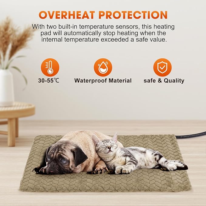 GASUR Heated Cat Bed, Waterproof Cat Heating Pad Indoor w/Timer, Temp Adjustable Pet Heating Pads for Cats Dogs, Auto Power-Off, Cats Warming Bed w/Remove Washable Cover, Anti-Chew, 18''x16'', Small