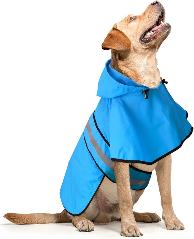 Adjustable Dog Raincoat with Hood - Waterproof Lightweight Slicker Poncho, Safety Dog Rain Jacket with Reflective Strip and Leash Hole for Small, Medium, Large Dogs (Large, Blue)