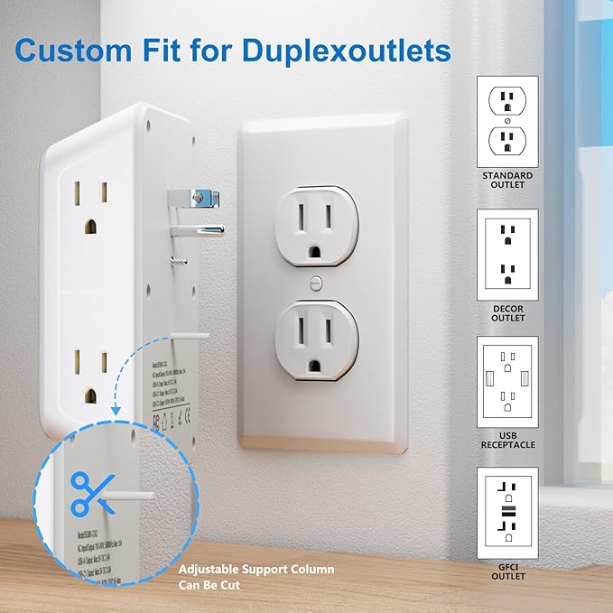JcBlaon Surge Protector Outlet Extender 6 Outlet Extender with 4 USB Ports (PD 30W), 3 Sided 1050J Multi Plug Wall Adapter Power Strip for Home Travel Office Essentials