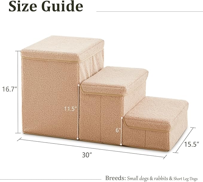 Dog Stairs with Storage, 3-Step Sturdy Dog Steps for Small Medium or Large Older Dogs Cats, Folding Pet Stairs Climbing Sofas, high beds, Windows and Cars (Beige, No Condo,16.7" H)