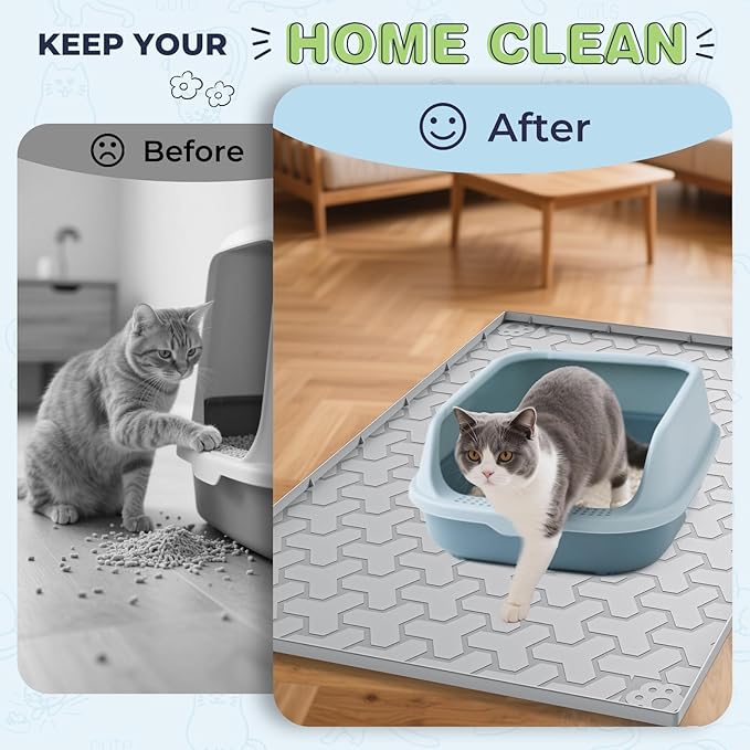 Silicone Cat Litter Mat for Litter Box - 34" X 22"/24" X 15" Waterproof Urine - Proof Mat, Non - Slip Trapping Pad to Keep Floor Clean, Easy to Clean Cat Floor Mat（Gray)