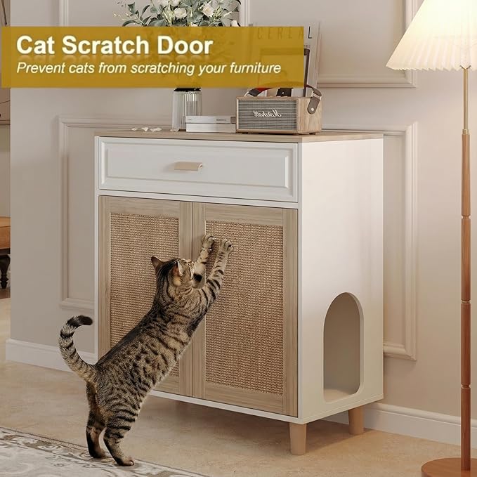Cat Litter Box Enclosure Furniture Hidden Indoor 2-in-1 Wooden Cat House & Washroom Cabinet with Scratching Board Doors and Drawer, 31.5"x15.7"x34.6"H