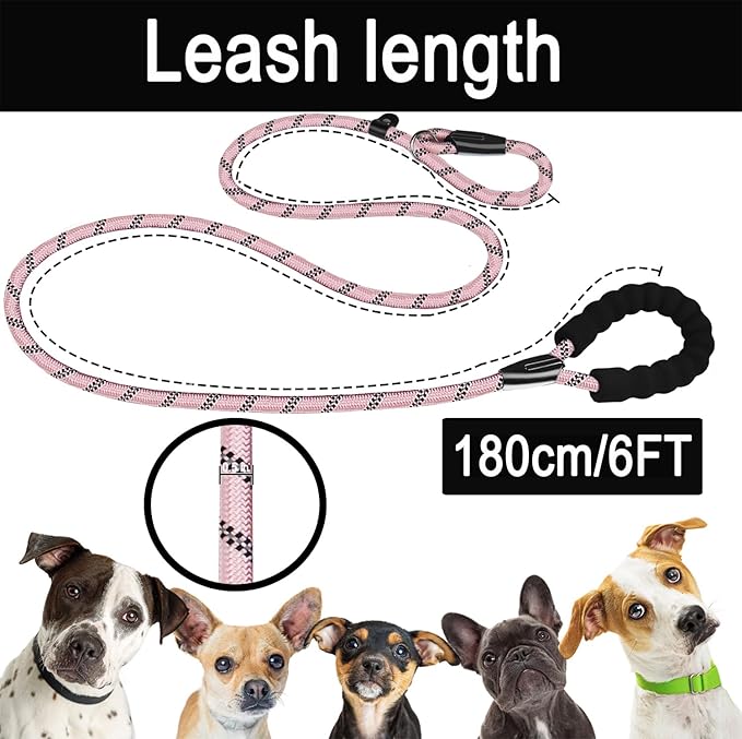 6 FT Dog Leash, Durable Premium Quality Strong Training Rope Slip Leash with Comfortable Padded Handle and Highly Reflective Threads for Small Medium and Large Dogs, (Light Pink)