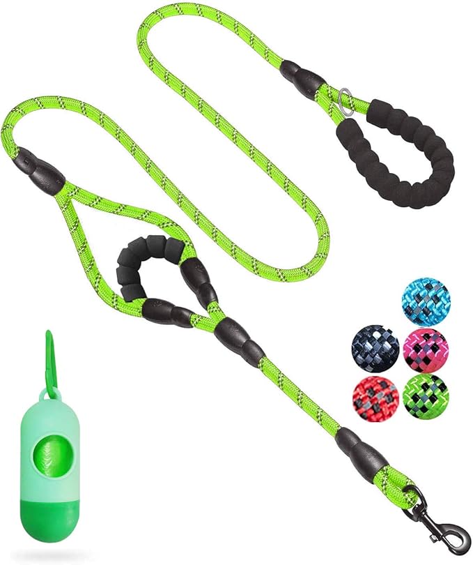 JSXD Heavy Duty Double Handle Dog Leash - 5 FT with Comfortable Padded and Reflective Rope for Small, Medium, Large Dogs (Rope-Green)