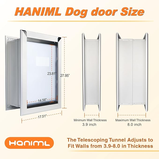 Aluminum Extra Large Dog Door for Wall, Extreme Weather Doggy Door with Enclosed Magnetic Double Flaps, Heavy Duty Doggie Doors with Telescoping Tunnel for Large and Extra Large Dogs Up to 220Lbs