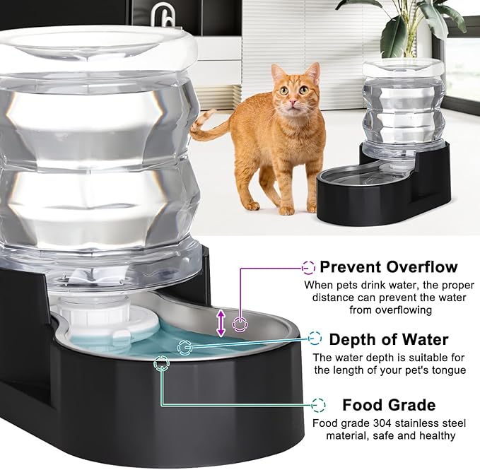 RIZZARI Dog Food Water Dispenser: 4L Large Black Stainless Steel Feeder with Triple Filter -Healthy Hydration for Pets in The Living Room - Garden and Study Room